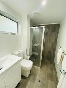 a white bathroom with a toilet and a shower at Colonial Lodge Motor Inn in Yass