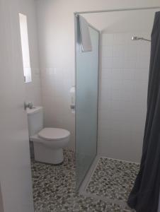 a bathroom with a toilet and a glass shower stall at PanCo Victor Harbor in Victor Harbor