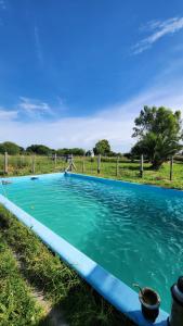 Arana的住宿－El Potrero Casa de Campo，蓝色的游泳池,水中鸟