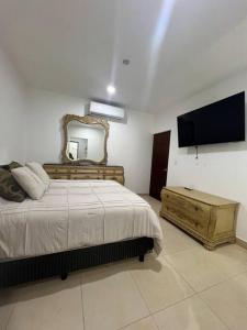 ラパスにあるCasa Portobelloのベッドルーム(ベッド1台、鏡、テレビ付)