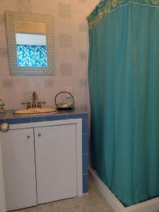 La salle de bains est pourvue d'un rideau de douche bleu et d'un lavabo. dans l'établissement Azul de Luna Teques, à Tequesquitengo