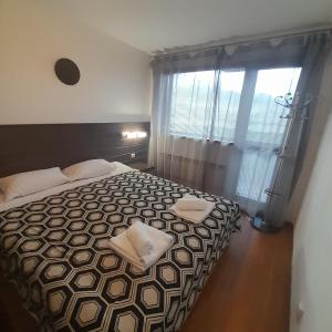 una camera da letto con un letto e una grande finestra di VIP Apartments Belvedere with terrace K105 a Bansko Altre 27 foto