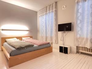 Schlafzimmer mit einem Bett und einem Flachbild-TV in der Unterkunft Central Helsinki Punavuori 40m2 entire flat in Helsinki