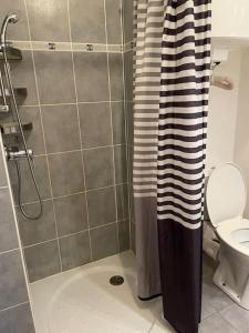 een douchegordijn in een badkamer met een toilet bij Studio Castelnau le lez proche Montpellier odysseum et tram in Castelnau-le-Lez