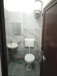 a bathroom with a toilet and a sink at Hotel Mallard Rainbow in Bharatpur