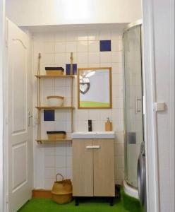 a small bathroom with a sink and a shower at COTE PORT T2 vue port centre ville Bandol in Bandol