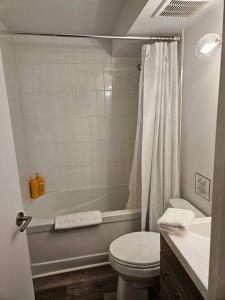 a bathroom with a toilet and a tub and a sink at Cozy Snug Cove Treehouse in Bowen Island