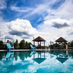 a swimming pool with two blue chairs in the water at Laman Gadang 