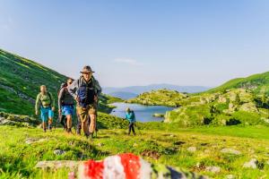 a group of people walking on a hill with a lake at Alpenpark Turrach by ALPS RESORTS in Turracher Hohe
