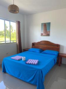 a bedroom with a blue bed with blue sheets at Coconut Inn Moalboal in Moalboal