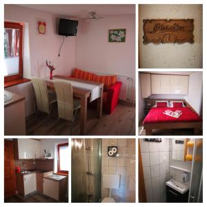 eine Collage mit Bildern einer Küche und einem Esszimmer in der Unterkunft EkoTurizem Viženčar in Cerklje na Gorenjskem