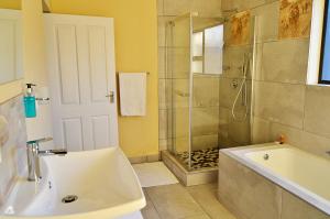 a bathroom with a shower and a tub and a sink at Royal Marlothi Kruger Safari Lodge and Spa in Marloth Park