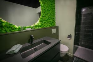baño con lavabo y pared verde en Kokerelle vakantiewoningen, en Maarkedal