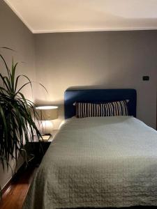 a bedroom with a blue bed and a plant at Charmantes Altstadthaus mit Dachterrasse in Muggia