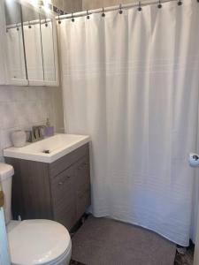 a bathroom with a white shower curtain and a toilet at Miracle House in Brooklyn Park
