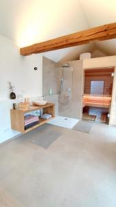 ein Bad mit einer Dusche und einem Waschbecken in der Unterkunft traumhaftes Haus in idyllischer Lage 