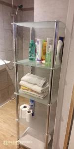a shelf with toiletries and towels in a bathroom at Villa Fortuna Budget in Lackenhof