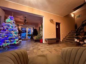 a christmas tree in a living room with a blue christmas at Top Mountain in Poiana Brasov