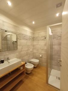 a bathroom with a sink and a toilet and a shower at Appartamento Cima Brenta in San Lorenzo in Banale