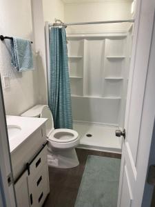 a small bathroom with a toilet and a shower at Your Slice of Paradise in Kona in Kailua-Kona