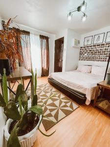 - une chambre avec un lit et une plante en pot dans l'établissement Black & Bold - 1BR Condo 50mbpsWIFI near SM Marilao, à Marilao