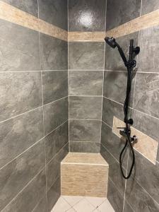 a bathroom with a shower with a stone wall at Appartement Collioure centre & GARAGE PRIVATIF in Collioure