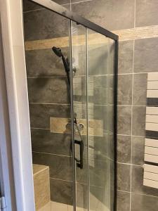 W łazience znajduje się prysznic ze szklanymi drzwiami. w obiekcie Appartement Collioure centre & GARAGE PRIVATIF w mieście Collioure