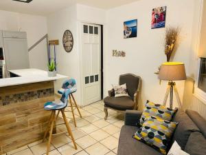 a living room with a couch and a chair at Appartement Collioure centre & GARAGE PRIVATIF in Collioure