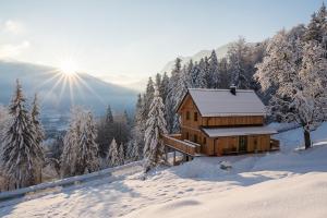 una cabaña de madera en la nieve con el sol en el fondo en Chalet Jochwand Bad Goisern, en Bad Goisern