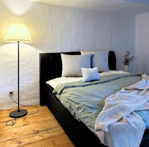 a bedroom with a bed with a lamp and a pillow at Fachwerkwohnung im Weserbergland in Aerzen