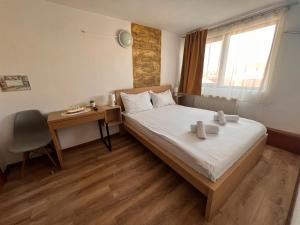 a small bedroom with a bed and a desk at Pensiunea Pedro in Cluj-Napoca