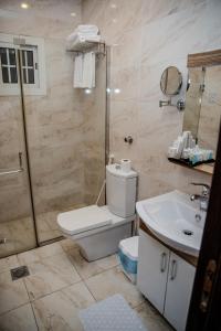 La salle de bains est pourvue de toilettes, d'une douche et d'un lavabo. dans l'établissement Vital House Apartments شقق البيت الحيوي, à Djeddah