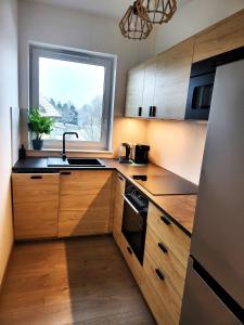 una cucina con armadi in legno, lavandino e finestra di Apartament Spokojna Wisła a Wisła