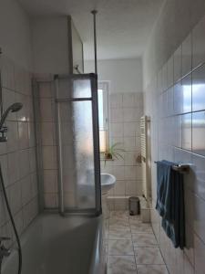 uma casa de banho com um chuveiro e um lavatório. em Gästewohnung KL. WZL 30_5 