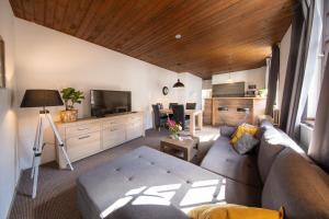 ein Wohnzimmer mit einem Sofa und einem TV in der Unterkunft Elbershof Monschau in Monschau