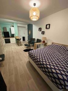 - une chambre avec un lit et un salon dans l'établissement Charmant studio idéalement placé et paisible !, à Oloron-Sainte-Marie