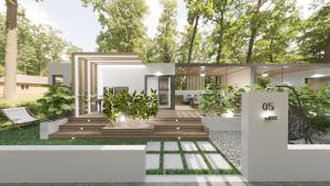una representación de la parte delantera de una casa con plantas en Gkaras Campsite & Apartments, en Leptokarya