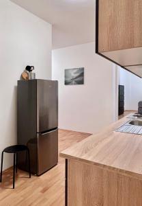 eine Küche mit einem Kühlschrank aus Edelstahl und einer Theke in der Unterkunft urbanstays Linz Denkstraße in Linz