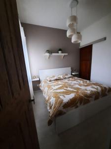 ein Schlafzimmer mit einem Bett mit einer braunen und weißen Bettdecke in der Unterkunft L'écrin de verdure à 25 minutes du Puy du Fou in Cerizay