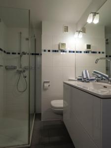Appartement Strandnah في فيسترلاند: حمام مع مرحاض ومغسلة ودش