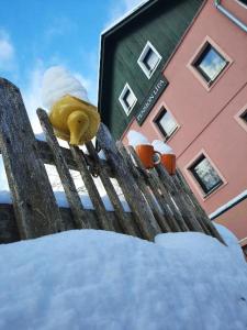 um ursinho de pelúcia sentado em uma cerca em frente a um prédio em Pension Lípa em Horní Maršov