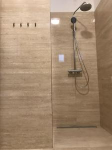 a shower with a glass door in a bathroom at Ocean Blue Apartment near the river in Budapest