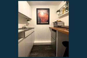 une cuisine avec un évier et un tableau mural. dans l'établissement Palm Studio, à Londres
