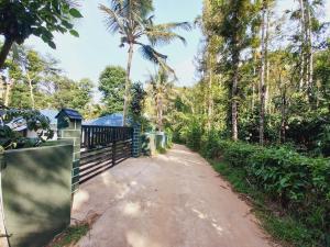 un chemin de terre avec une clôture et des palmiers dans l'établissement Sri Sai Nature Stay, à Madikeri