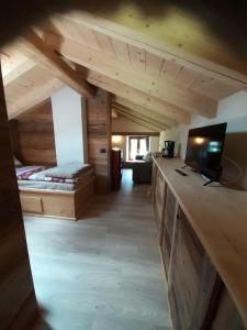 Habitación con techos de madera, TV y dormitorio. en CASERA ONORINA Val Visdende, en Santo Stefano di Cadore
