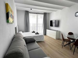 un soggiorno con divano e letto di A H Rentals Picasso apartamento a Vinarós