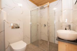La salle de bains est pourvue d'une douche, de toilettes et d'un lavabo. dans l'établissement Pod Hawraniem, à Jurgów