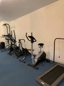 a gym with several exercise bikes and a treadmill at French Riviera apartment with swimming pool and free parking near Monaco in Roquebrune-Cap-Martin