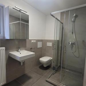 a bathroom with a toilet and a sink and a shower at Apartments am Kochertal in Oedheim