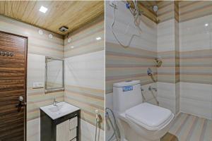 two pictures of a bathroom with a toilet and a sink at Hotel Woods View - Mall Road in Mussoorie